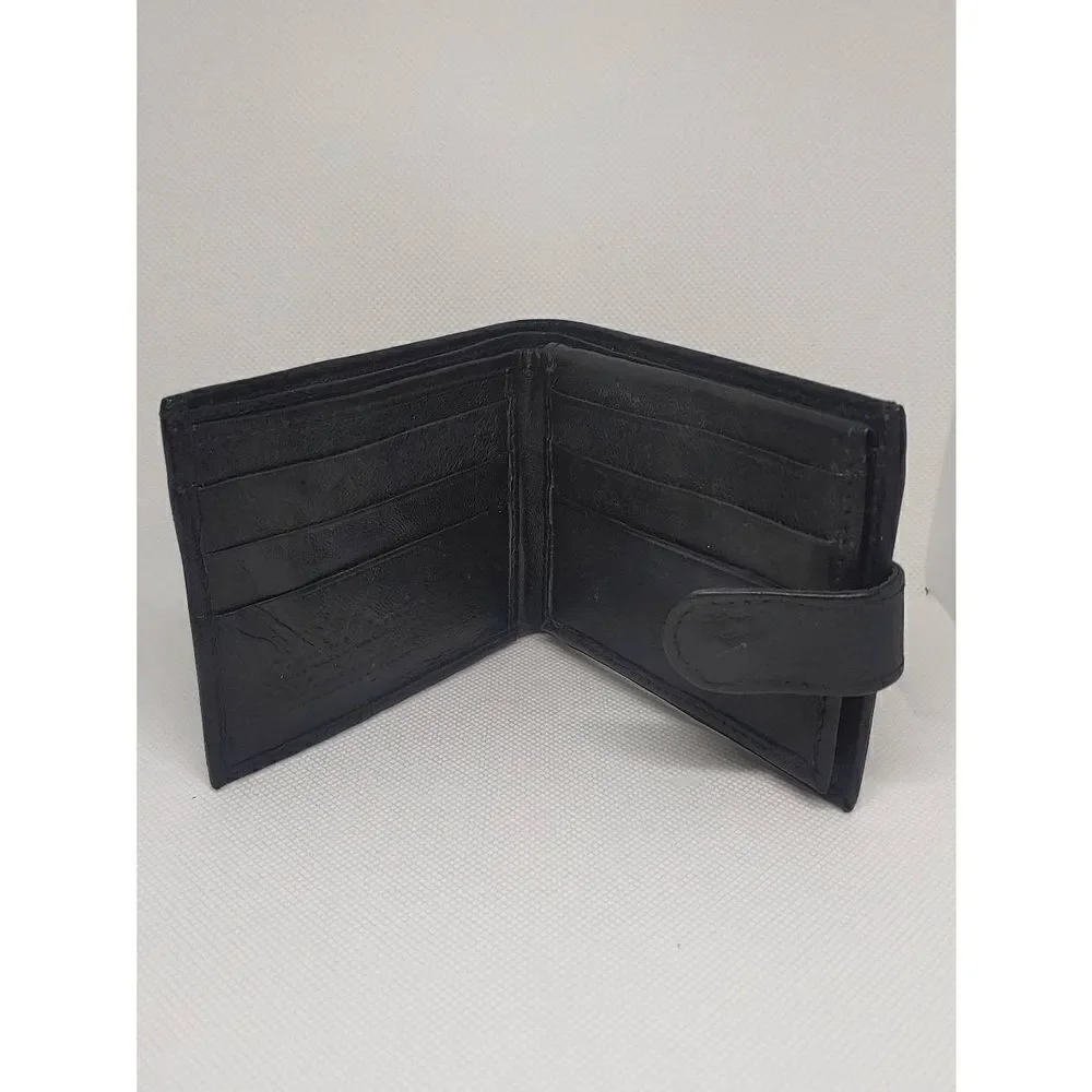 Unisex Handcrafted Genuine Leather Black Bifold W/ Snap Wallet